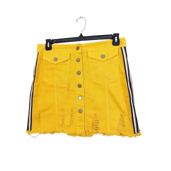 Womens Skirt US 16 Yellow Denim Distressed Short Mini Racing Stripes Brazil Made - Picture 1 of 5